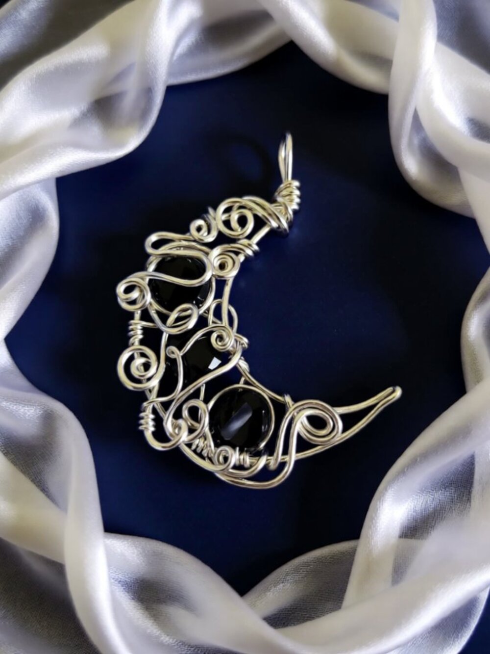 Silver Wire Wrapped Moon Pendant w. Black Agates! Lunar! Handmade & Unique!